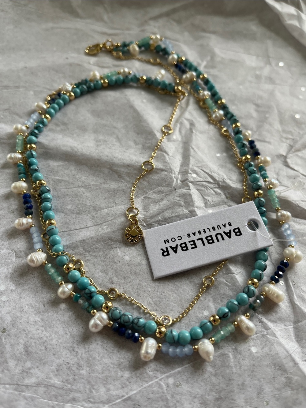 BaubleBar Aqua Turquoise Beaded Pearl Layered Necklace with Gold Chain